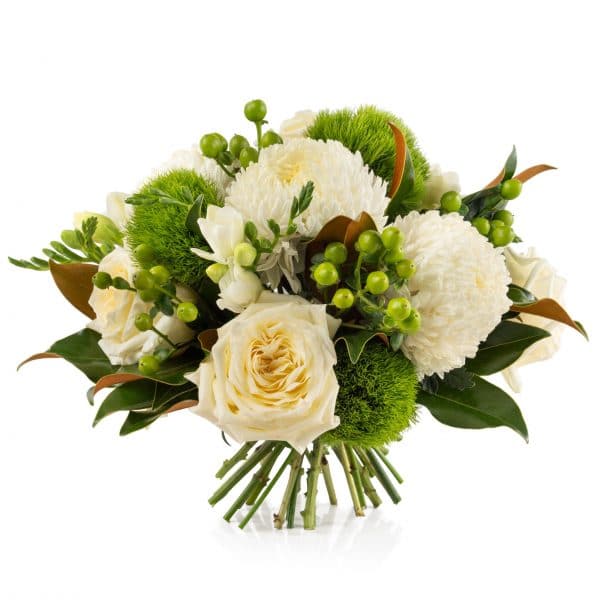 A white and green round hand-tied bouquet created with the finest blooms of the season.