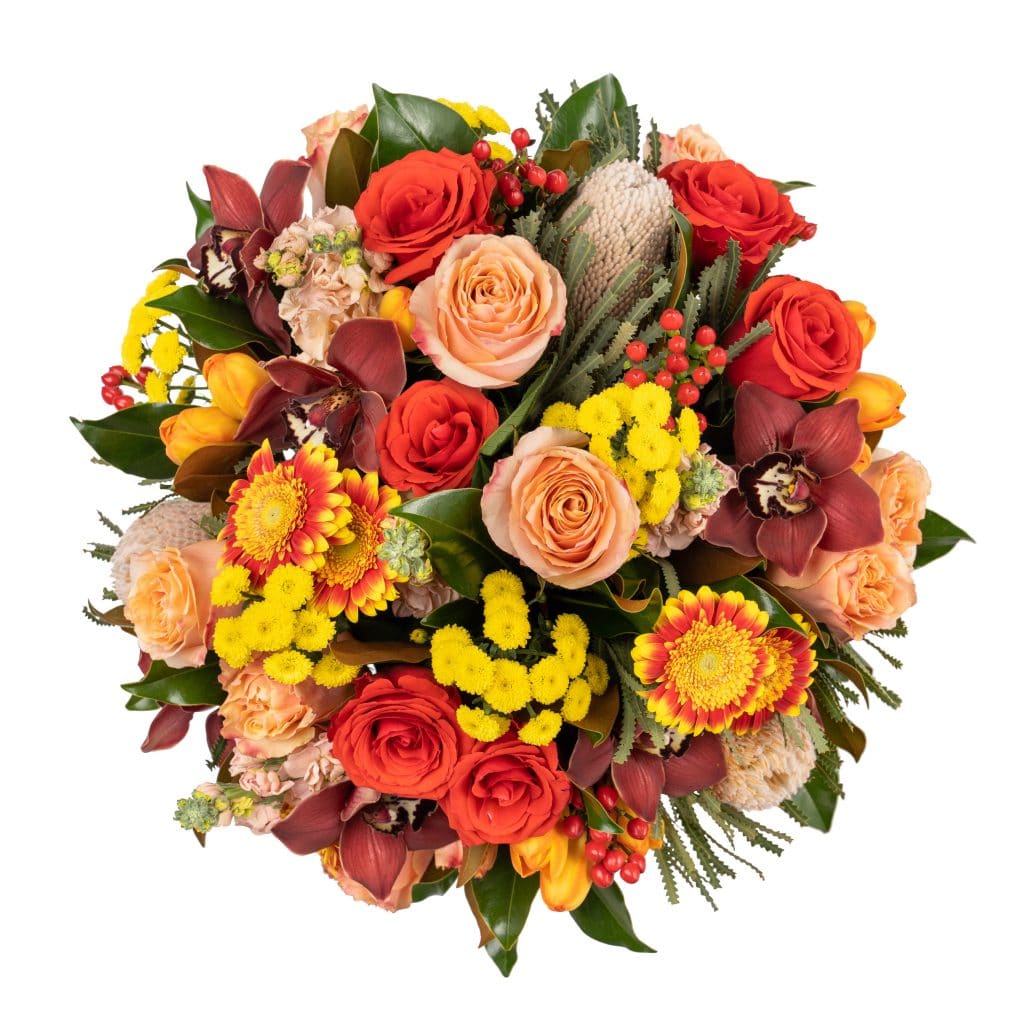Beautiful blooms in a bright palette of reds, rusts and bright oranges and golds