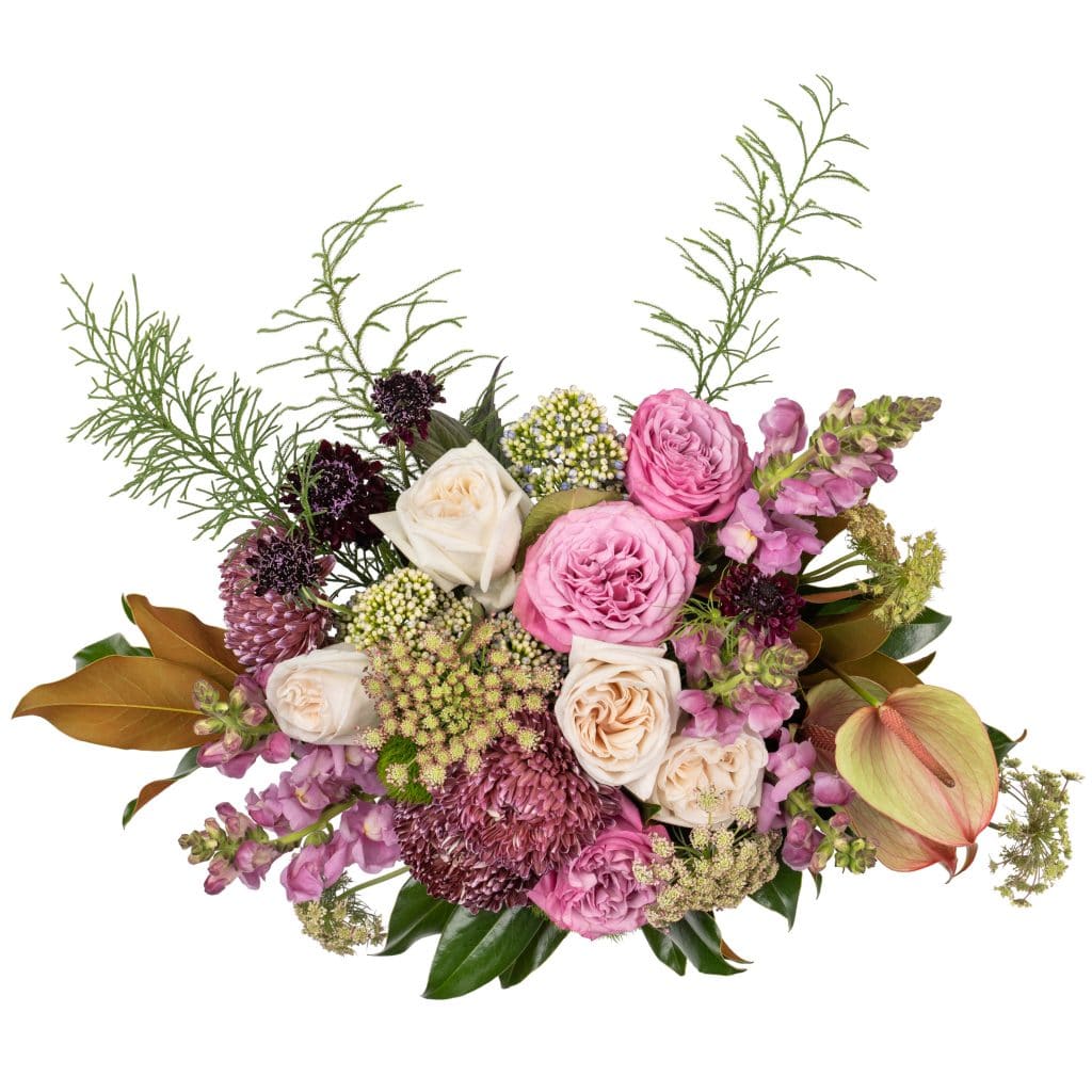 Exquisite modern arrangement made in gentle pink and purple tones.
