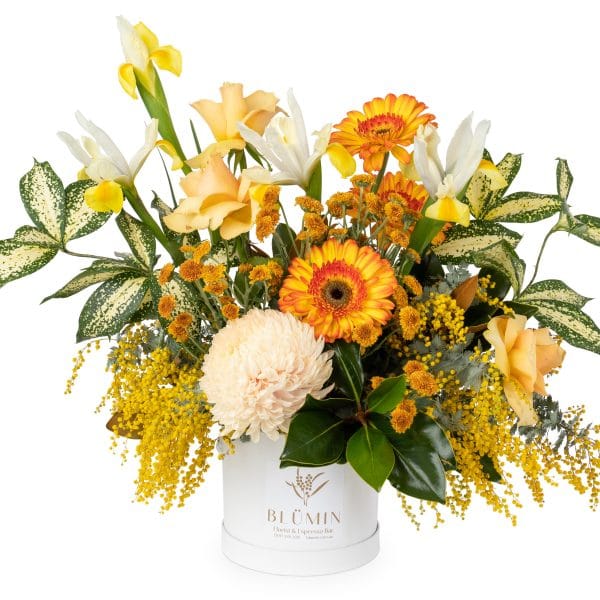 A joyful burst of bright yellows and Orange - just like a summery day. This stylish hatbox combines gerberas, vibrant chrysanthemum and native golden wattle is just perfect for brightening Someone’s Special Day!
