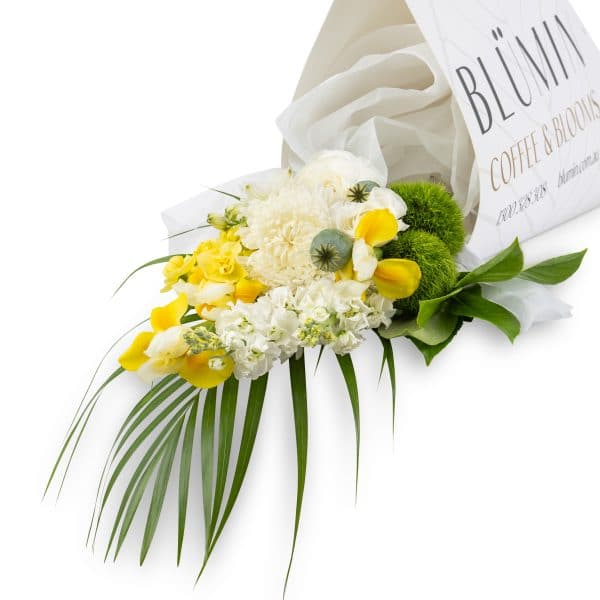 Cheerful white and yellow blooms inspired by our best selling Sunshine Picnic bouquet. These blooms are hand chosen for their freshness and the best blooms of the season by our talented florists and presented in a stylish carrier.