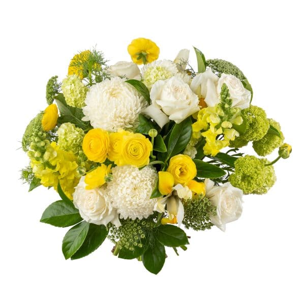 Stylish hand tied bouquet in yellow, white and green tones