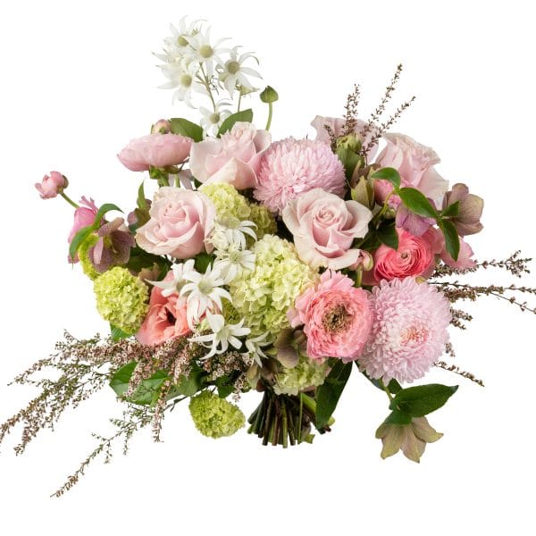 Stylish hand tied bouquet in pink, white and pastel tones