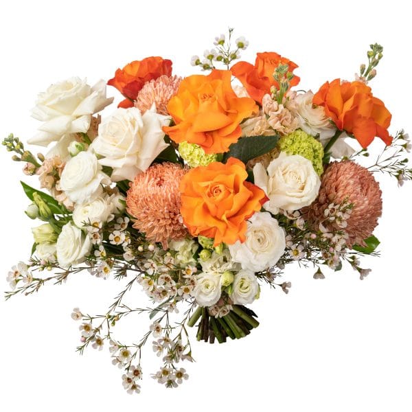 Hand tied bouquet in orange and apricot tones